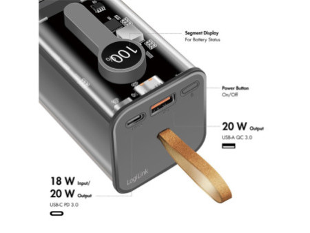LogiLink Powerbank avec écran, 20.000 mAh, noir