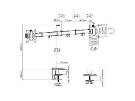 LogiLink Support double écran, longueur bras: 376 mm, noir