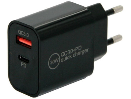 IWH Chargeur secteur USB-C, 1 USB-A / 1 USB-C, 30 W, noir