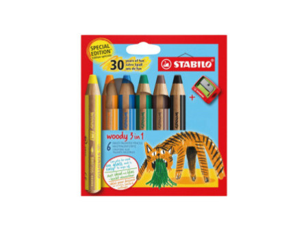 STABILO Crayon multi-talents woody 3 en 1, étui de 6 Tigre
