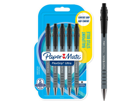 Paper:Mate Stylo à bille FlexGrip Ultra, blister de 5, noir