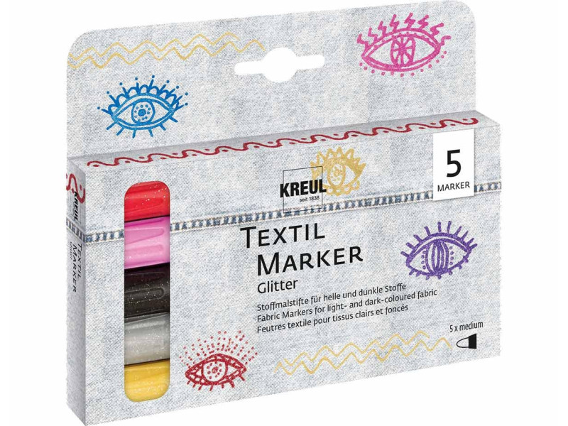 KREUL Feutre textile Glitter, set médium de 5
