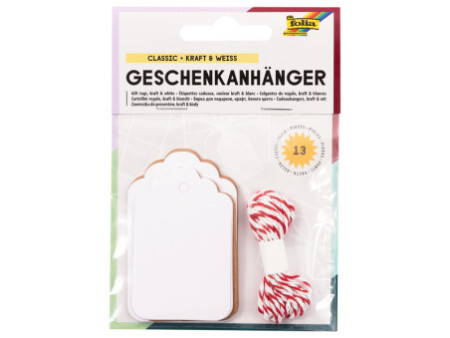 folia Etiquette cadeau long, nature & blanc, avec ficelle