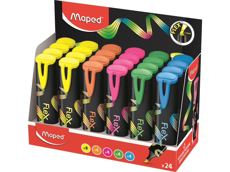 Maped Surligneur FLEX, pointe flexible, présentoir de 24