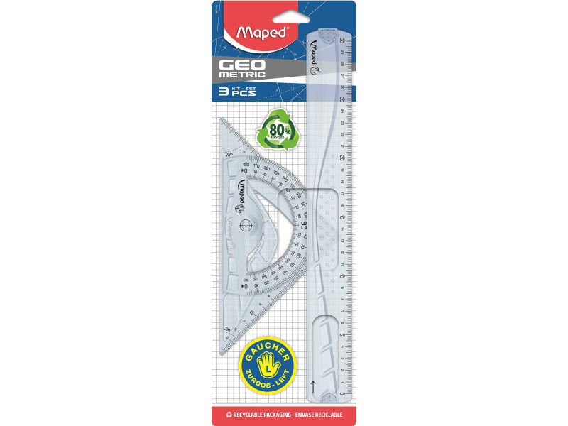 Maped Kit de géométrie pour gauchers, 4 pièces, transparent