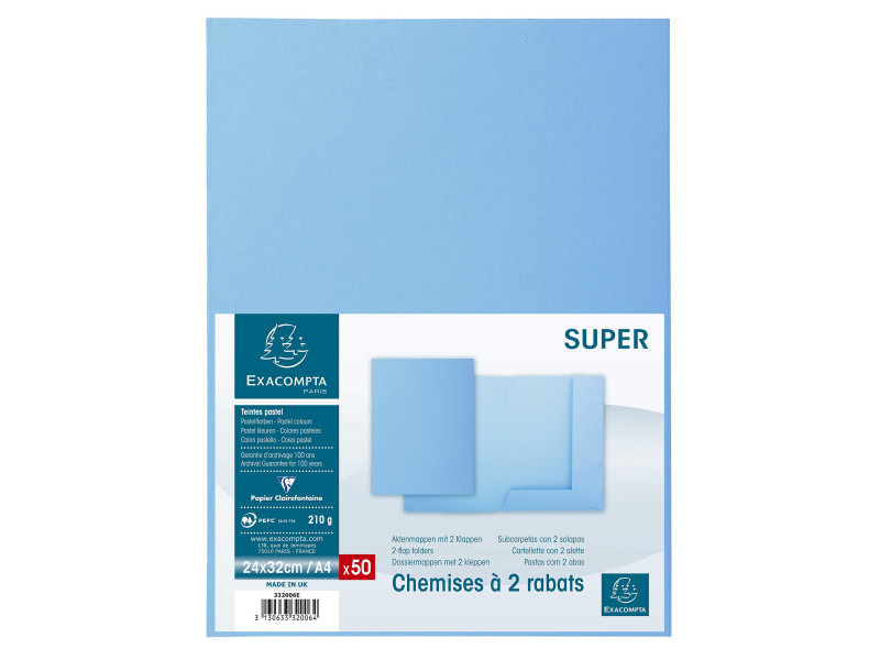 EXACOMPTA Chemises SUPER 250, A4, avec 2 rabats, bleu