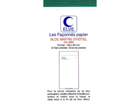 ELVE Bloc Maître d'Hôtel, 85 x 165 mm, 50 feuillets tripli