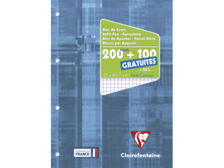 Clairefontaine Bloc de cours, perforé, A4, quadrillé 5x5