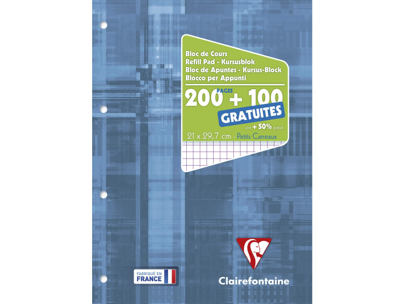 Clairefontaine Bloc de cours, perforé, A4, quadrillé 5x5