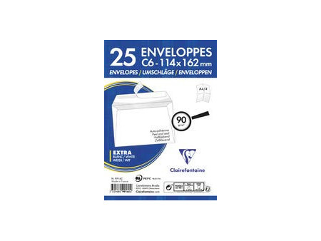 Clairefontaine Enveloppes Adhéclair, C6, 114 x 162 mm, blanc