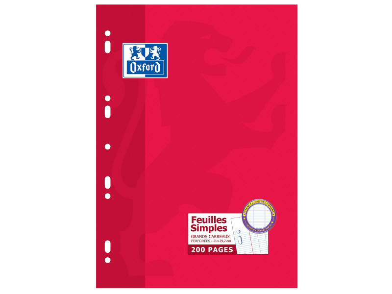Oxford Feuilles simples perforées, A4, seyès