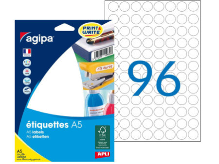 agipa Etiquette universelle, diamètre: 15 mm, rond, blanc