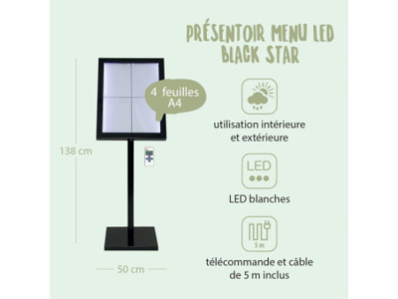 Securit Vitrine d'affichage LED BLACK STAR, 4 x feuilles A4