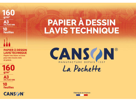 CANSON Papier à dessin Lavis technique, A3, 160 g/m2, blanc