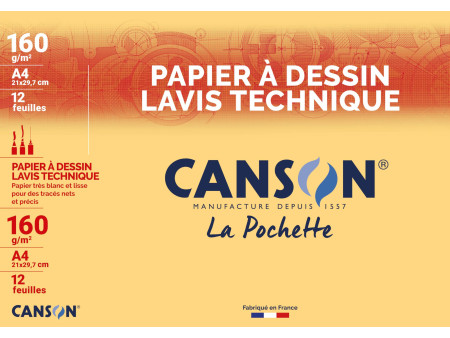 CANSON Papier à dessin Lavis technique, A4, 160 g/m2, blanc
