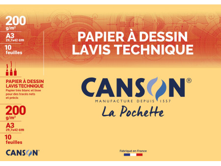 CANSON Papier à dessin Lavis technique, A3, 200 g/m2, blanc