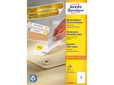 AVERY Zweckform Etiquette universelle, 210 x 297 mm, blanc