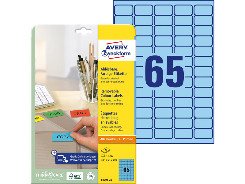 AVERY Zweckform Stick&Lift Etiquette, 38,1 x 21,2 mm, bleu
