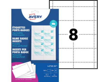 AVERY Insert imprimable pour badge, 90 x 60 mm, blanc