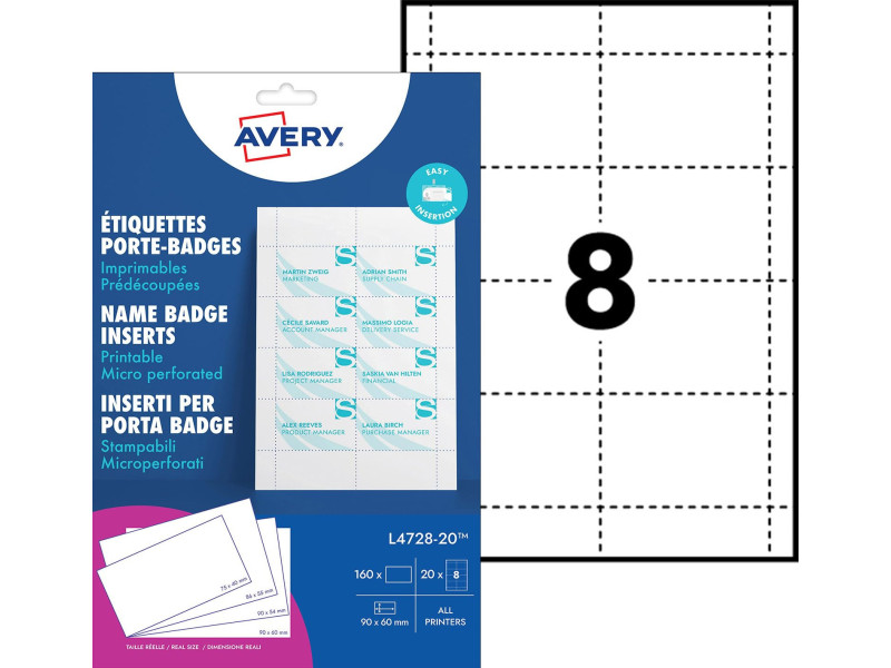 AVERY Insert imprimable pour badge, 90 x 60 mm, blanc