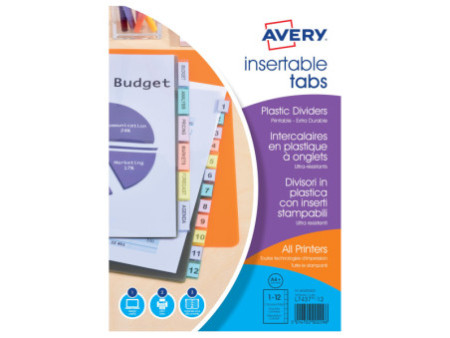AVERY Intercalaires à onglets, 12 touches, PP, transparent