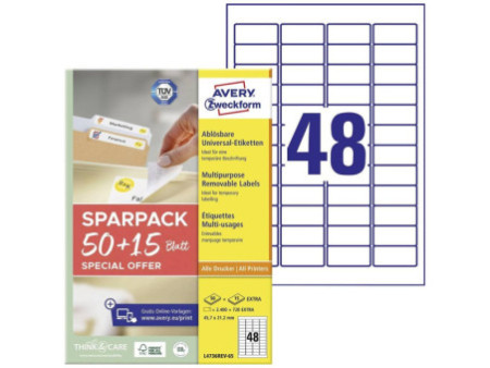 AVERY Zweckform Étiquette universelle, 45,7 x 21,2 mm, 50+15