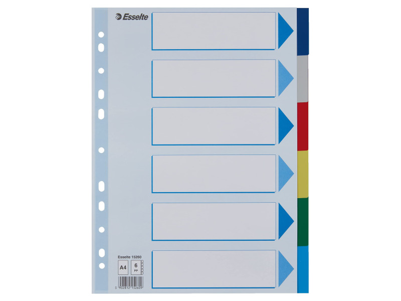 Esselte Intercalaires en plastique, uni, A4, PP, 6 touches