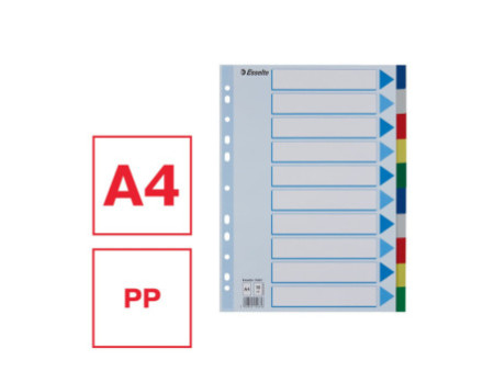 Esselte Intercalaires en plastique, uni, A4, PP,10 touches