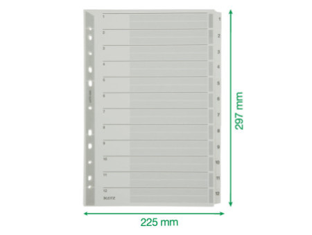 LEITZ Intercalaires en carton mylar, chiffres, A4, 1-12,gris