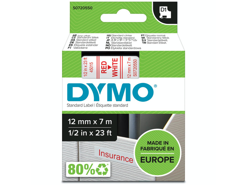 DYMO Ruban d'étiquette D1 rouge/blanc,12mm x 7 m