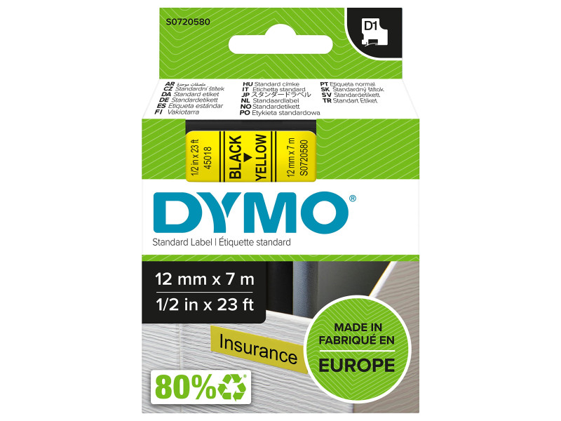 DYMO Ruban d'étiquette D1 noir/jaune,12 mm x 7 m