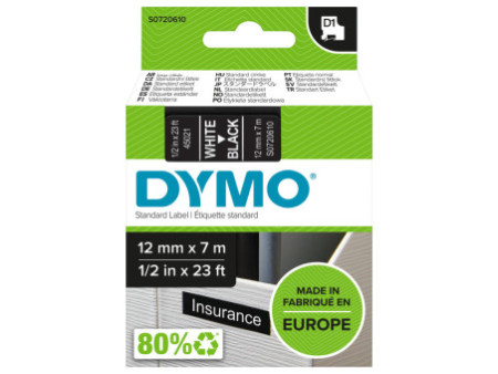 DYMO Ruban d'étiquette D1 blanc/noir,12 mm x 7 m