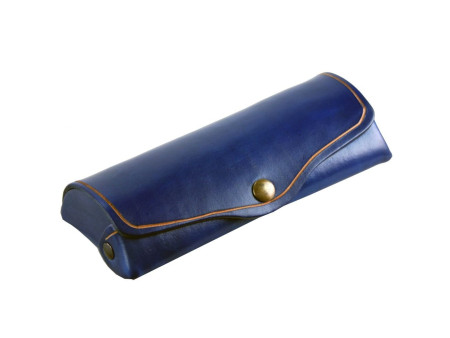 MIKA Etui à lunettes, grand, cuir, bouton-pression, bleu