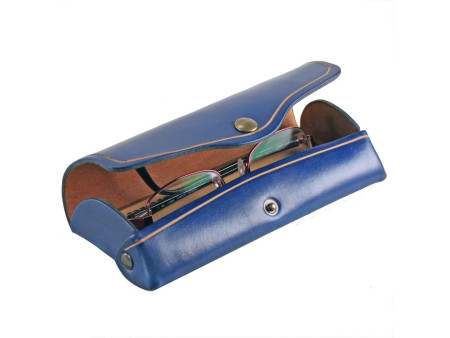 MIKA Etui à lunettes, grand, cuir, bouton-pression, bleu