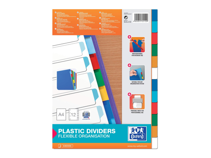 Oxford Intercalaires en plastique, uni, A4, 12 touches