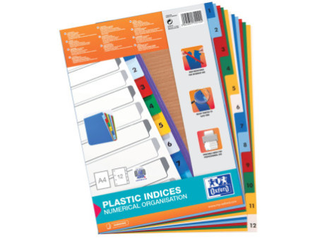 Oxford Intercalaire en plastique, A4, coloré, 12 pièces