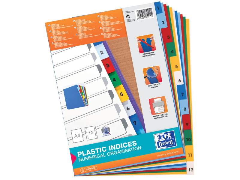 Oxford Intercalaire en plastique, A4, coloré, 12 pièces
