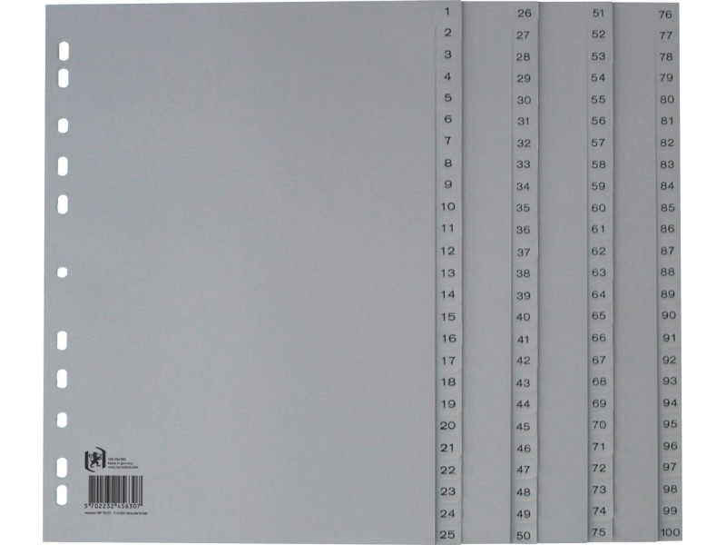 Oxford Intercalaire en plastique 1-100, A4, 100 pièces, gris