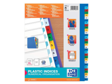 Oxford Intercalaire en plastique, A4+, coloré, 31 pièces
