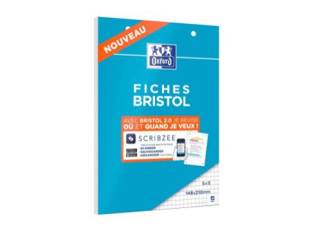 Oxford Bloc de fiches bristol, A5, quadrillé, blanc