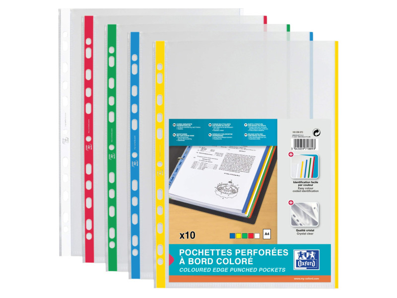 Oxford Pochettes perforées A4 avec bande colorée, PP, 0,09 m