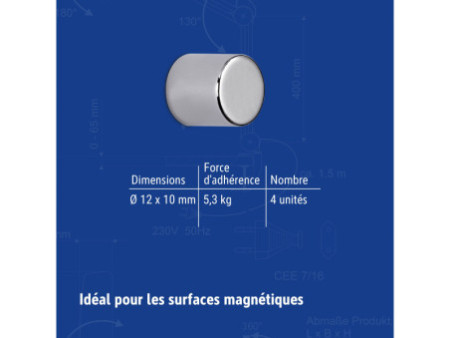 MAUL Aimant néodyme en forme de pastille, 12 mm, argent
