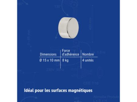MAUL Aimant néodyme en forme de pastille, 15 mm, argent