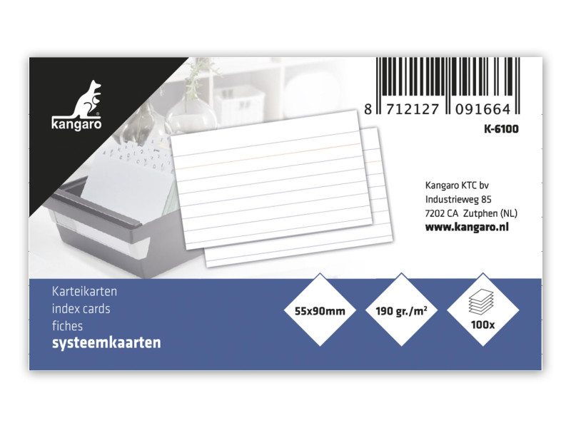 kangaro Fiches bristol, 90 x 55 mm, ligné, blanc
