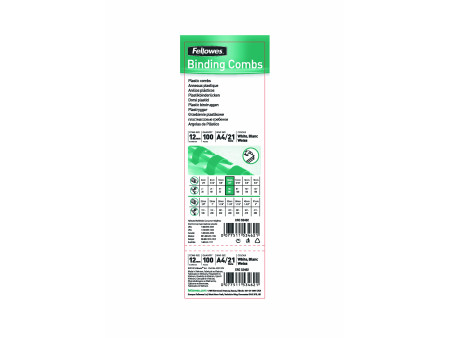 Fellowes Peigne à relier en plastique, A4, 12 mm, blanc