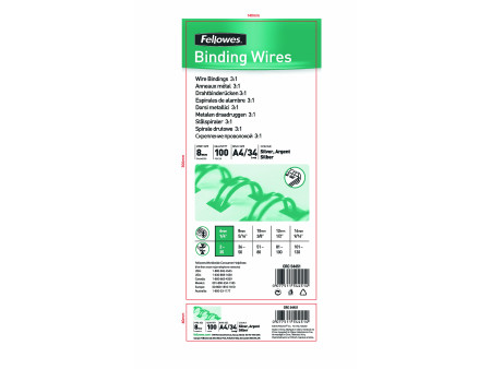 Fellowes spirales, format A4, 34 anneaux, 8 mm, argent