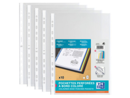 Oxford Pochettes perforées, A4 avec bord coloré, PP, blanc