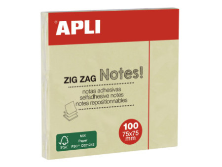 APLI Notes adhésives 'ZIG ZAG Notes!', 75 x 75 mm, jaune