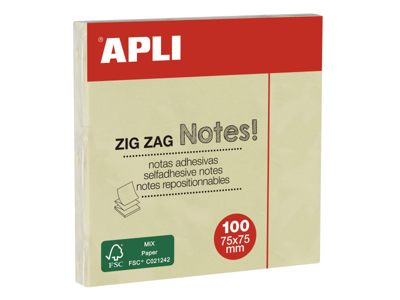 APLI Notes adhésives 'ZIG ZAG Notes!', 75 x 75 mm, jaune