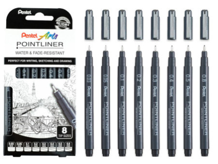 Pentel Feutre technique permanent Pointliner, set de 8, noir